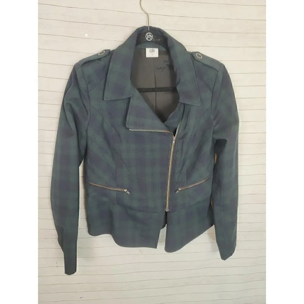 CAbi Tartan Green Plaid Asymmetrical Zip Moto Jacket, sz 4